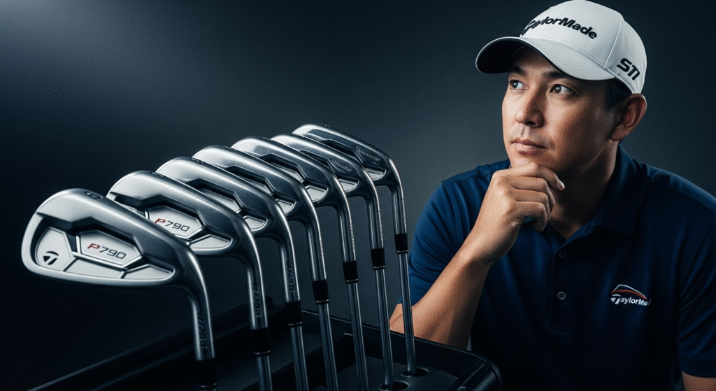 TaylorMadeのウェアを着た男性が、P790アイアンのゴルフセットを見つめ、顎に手を当てて熟考しています。