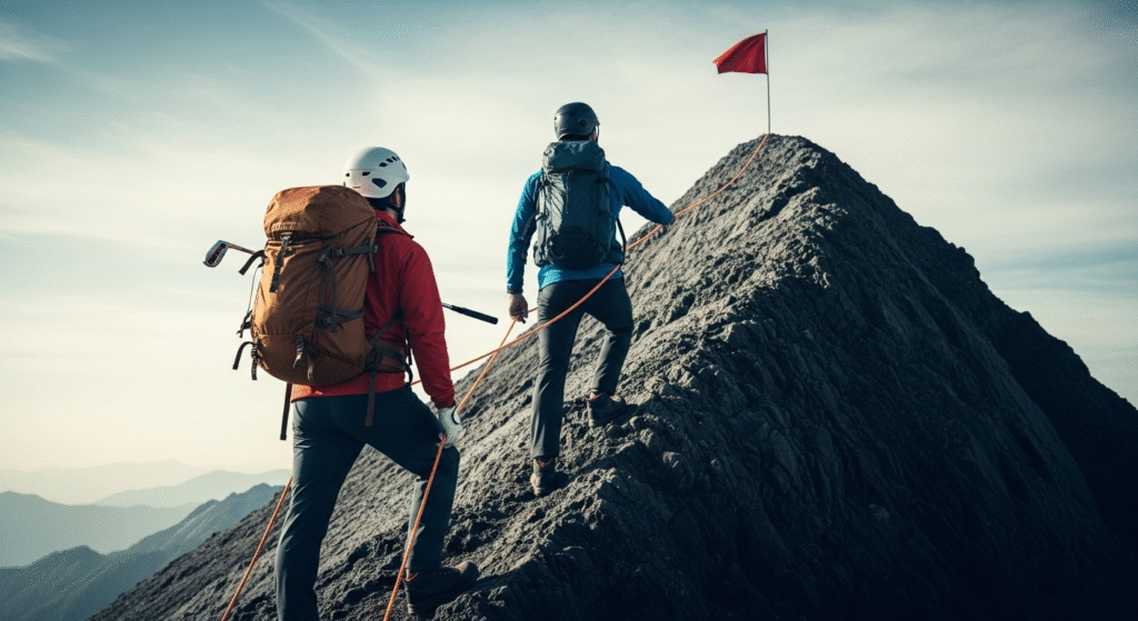 赤い旗が立つ頂上へ向かって、ロープを使って岩山を登る二人の登山者。