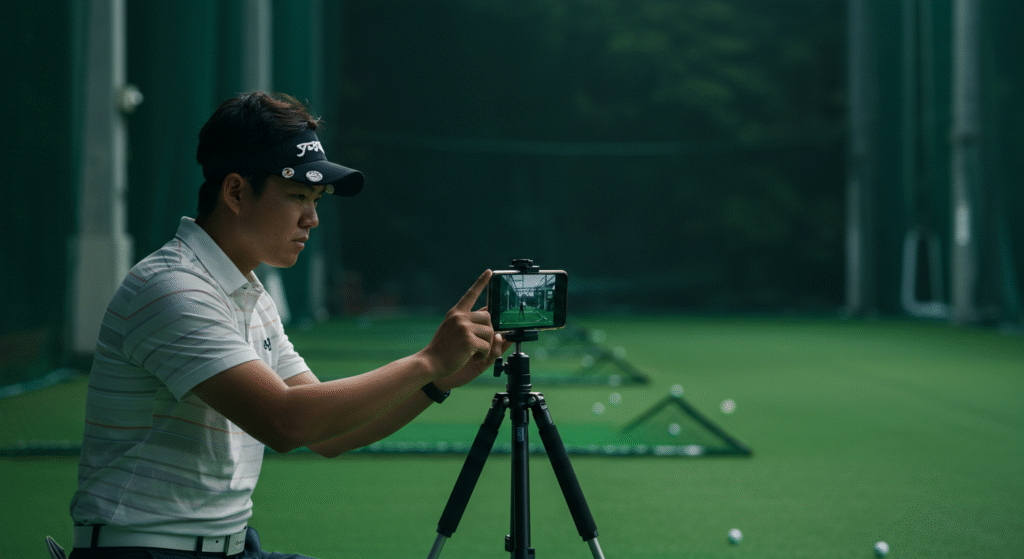 ゴルフ練習場で、若い男性が三脚に固定されたスマートフォンを操作し、画面に映るゴルフスイングを撮影している。