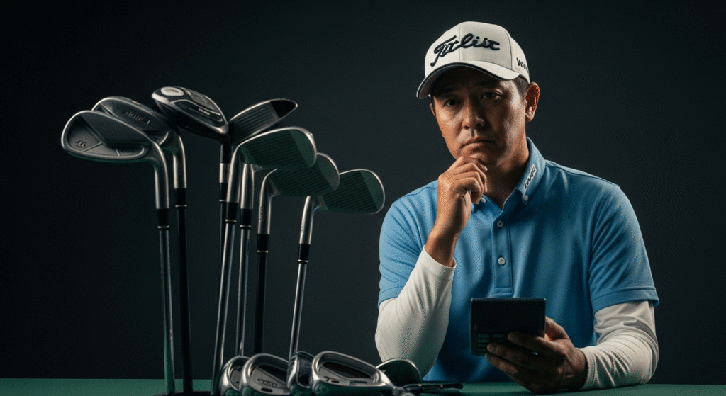 Titleistのキャップをかぶったゴルファーが、電卓を手に多くのゴルフクラブを前に考え込んでいる様子です。