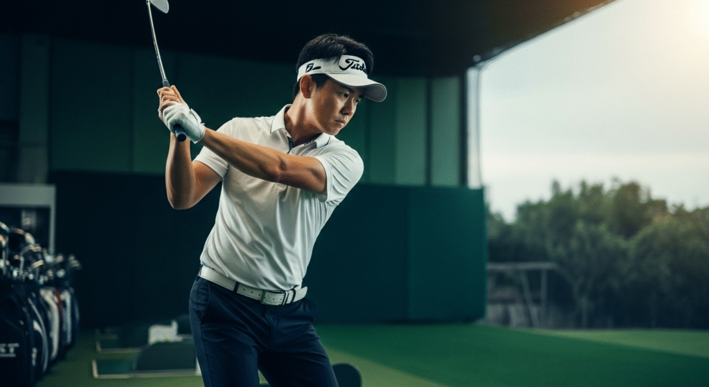 ゴルフ練習場で、白いTitleistのサンバイザーとポロシャツを着用したアジア人男性が、集中した表情でゴルフスイングをしている。