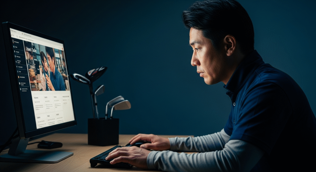 暗い照明のデスクで、アジア系男性が「Used Sale」のウェブサイトが表示されたPC画面を真剣に見つめており、隣にはゴルフクラブが置かれています。