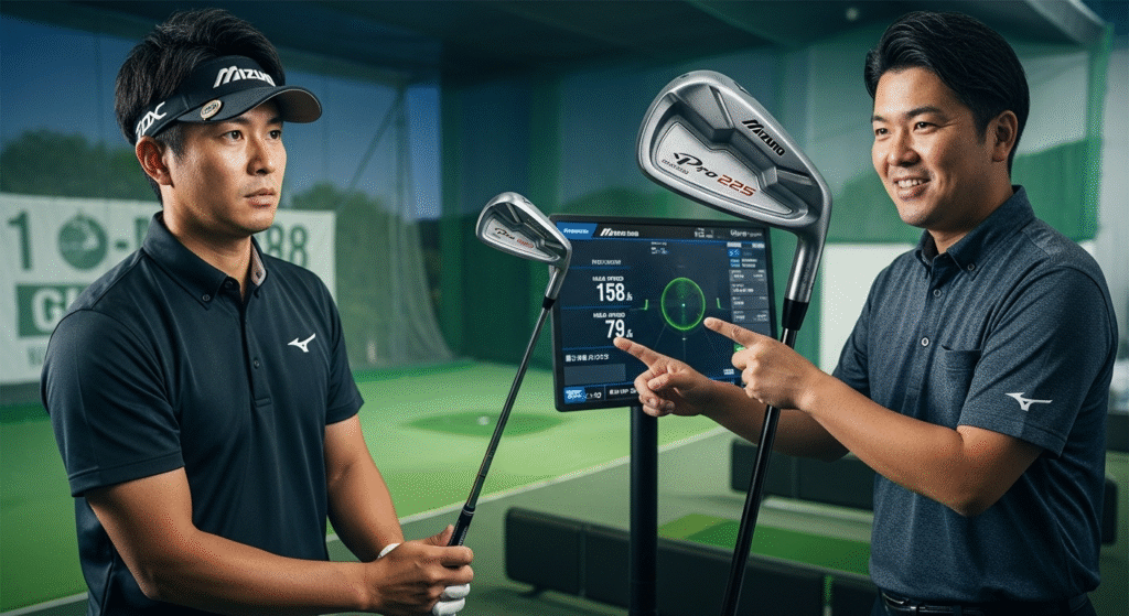 Mizunoのウェアを着た二人の男性が、室内ゴルフ施設でモニターに表示されたスイングデータとゴルフクラブを見ている。