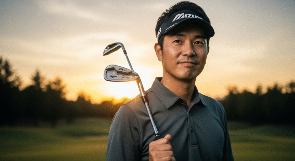 夕焼けのゴルフ場で、Mizunoのバイザーをかぶった男性ゴルファーが、Mizuno Pro 245アイアンを肩に担ぎ、カメラを見つめている。