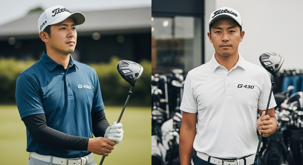 TitleistのキャップとG430のポロシャツを着た男性ゴルファーが、G430ドライバーを持ち、屋外と屋内の異なる場面で左右に並んで表示されています。