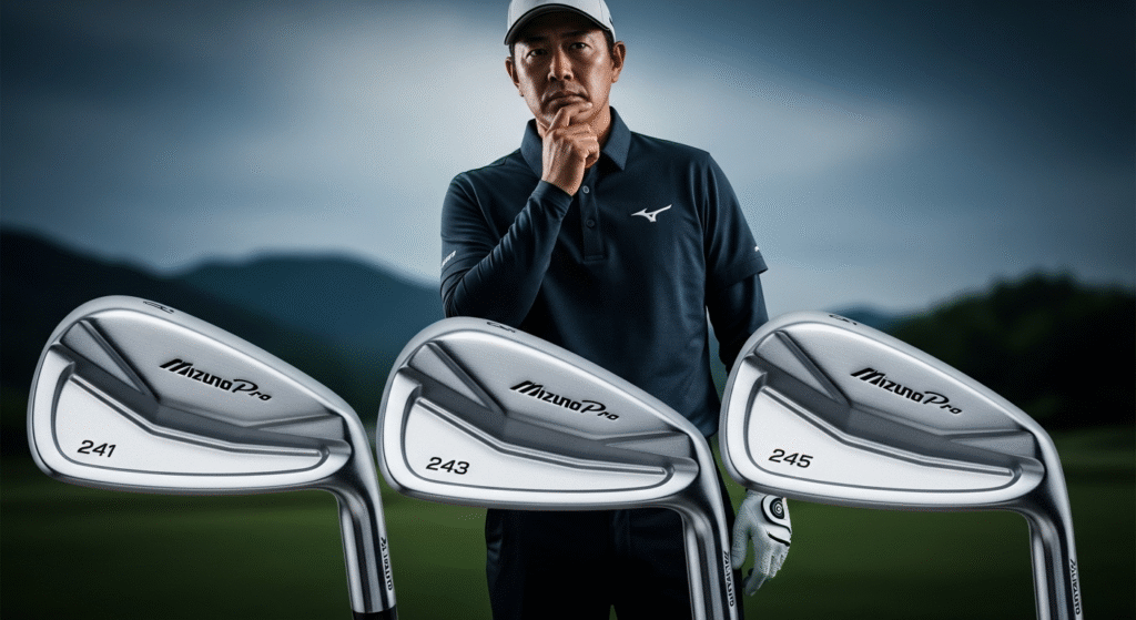 Mizuno Pro 241、243、245の3本のゴルフアイアンが前景に並び、その後ろには思案顔の男性が立つゴルフコースの画像。