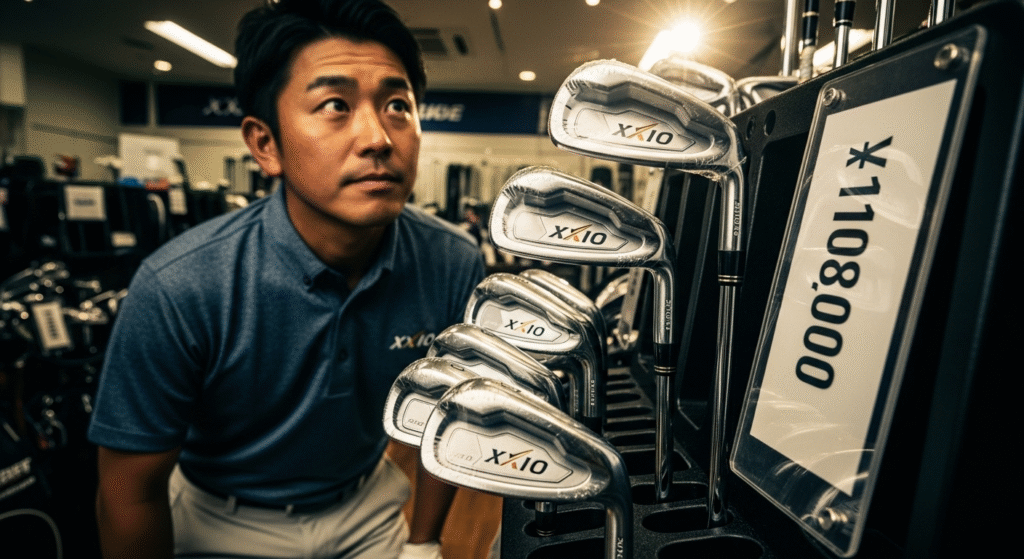 ゴルフショップで、男性がXXIOブランドのゴルフアイアンと「¥110,800」と表示された価格を見つめている。