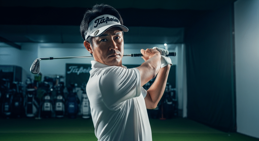 タイトリストのサンバイザーをかぶった男性ゴルファーが、真剣な表情で正面を見据え、ゴルフクラブを構えている。
