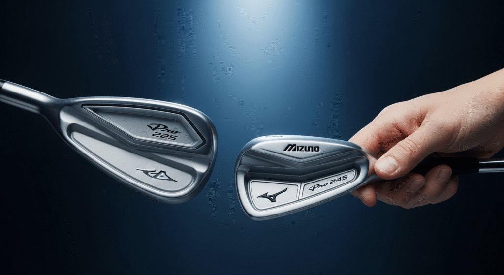 暗い背景の中、左に「Pro 225」のゴルフクラブヘッドがあり、右に手が「Mizuno Pro 245」のゴルフクラブヘッドを握っています。