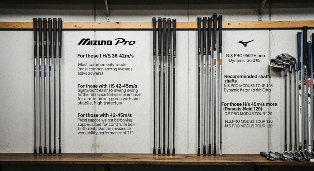 木製の棚に並べられたMizuno Proのゴルフシャフトとクラブの画像で、壁には異なるヘッドスピードに応じた推奨シャフトの情報が書かれています。