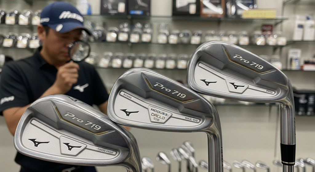 手前にMizuno Pro 719のゴルフアイアンクラブ3本が並べられ、奥でMizunoのキャップをかぶった男性が拡大鏡でクラブを検査している。