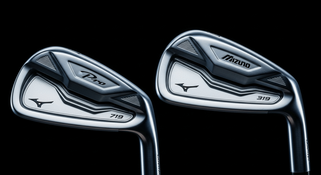 黒い背景に、ミズノの光沢のあるシルバーのゴルフアイアン「Pro 719」と「319」の2本が並べられています。