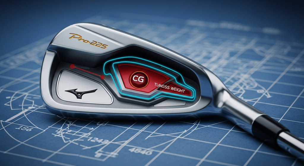 青い設計図を背景に、Mizuno Pro-225ゴルフアイアンヘッドの内部構造が示され、重心（CG）と「TUNGSS WEIGHT」が青い光る線で強調されています。
