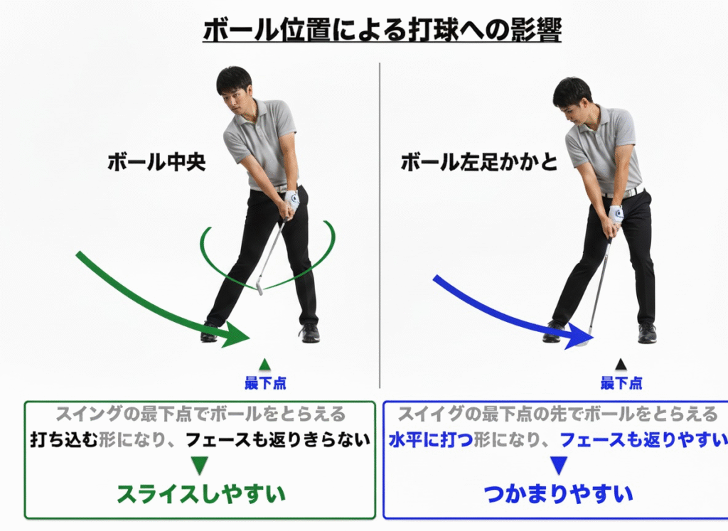 ゴルフボールの位置が左過ぎると体の開きを助長し手打ちの原因になる