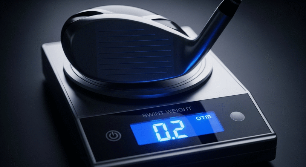 デジタルスケールに置かれたゴルフクラブのヘッドが、青く光るディスプレイに「SWINT WEIGHT 0.2 OTM」と表示されている様子。