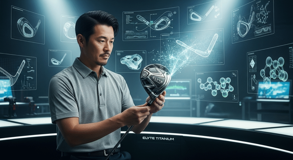 「ELYTE TITANIUM」の文字が浮かぶ未来的な開発室で、一人の男性がゴルフクラブの設計図や分子構造を示す多数の仮想ディスプレイに囲まれながら、「ELYTE」のロゴが入ったドライバーヘッドをじっと見つめている。