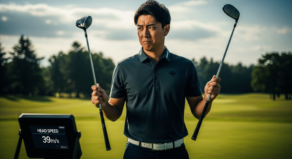 ゴルフコースで、悩んでいる様子の男性ゴルファーが2本のゴルフクラブを両手に持ち、手前の測定器にはヘッドスピード「39m/s」と表示されています。
