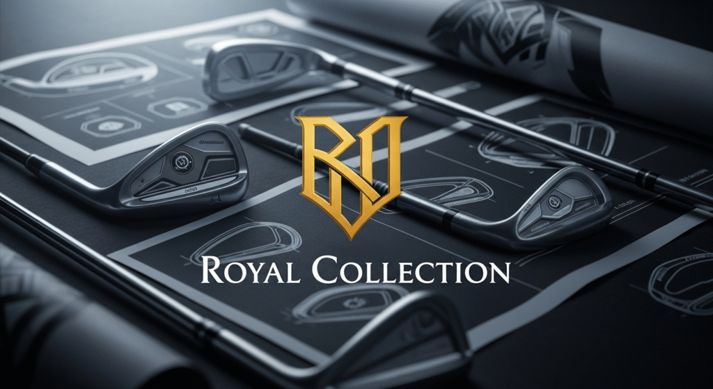 黒い背景にゴルフアイアンと設計図が配置され、中央に金色の「RN」ロゴと「ROYAL COLLECTION」の文字がある、ゴルフ製品のプロモーション画像。