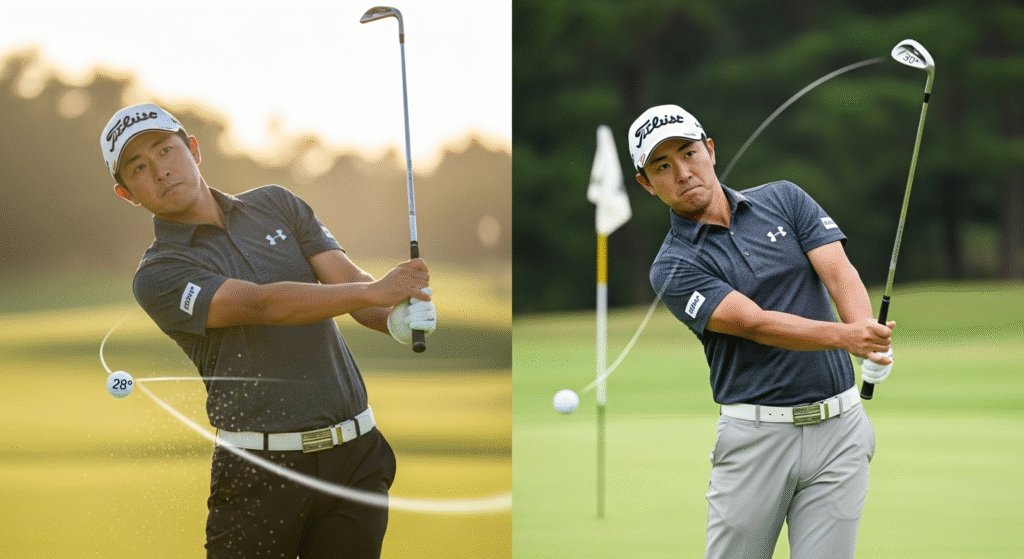 Titleistのキャップをかぶった男性ゴルファーがゴルフスイングをしている2枚の並列写真で、左はボールの打ち出し角度が28度、右はクラブのロフト角が30度と表示されています。