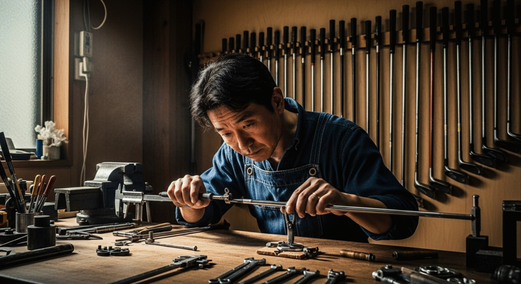多くの工具が並ぶ作業台で、男性が真剣な表情でゴルフクラブのシャフトを調整しており、背景には多数のゴルフクラブが掛けられています。