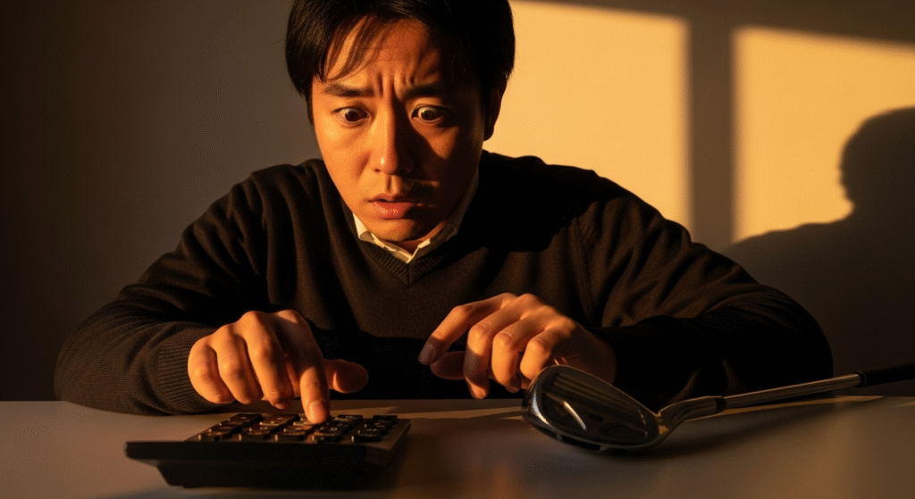 電卓を操作しながら、ゴルフのクラブの隣で目を見開いて驚く男性。