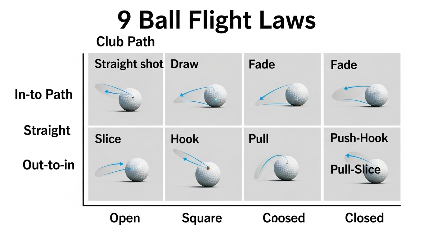 「9 Ball Flight Laws」と題された、ゴルフのクラブパスとフェースアングルの組み合わせが、ストレート、ドロー、フェード、スライスなど9種類のボール弾道にどのように影響するかを示す図。