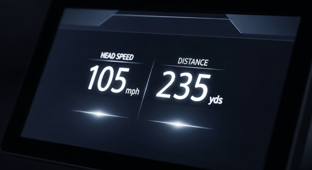 ゴルフのヘッドスピード105mphと飛距離235ヤードを示すデジタル画面。