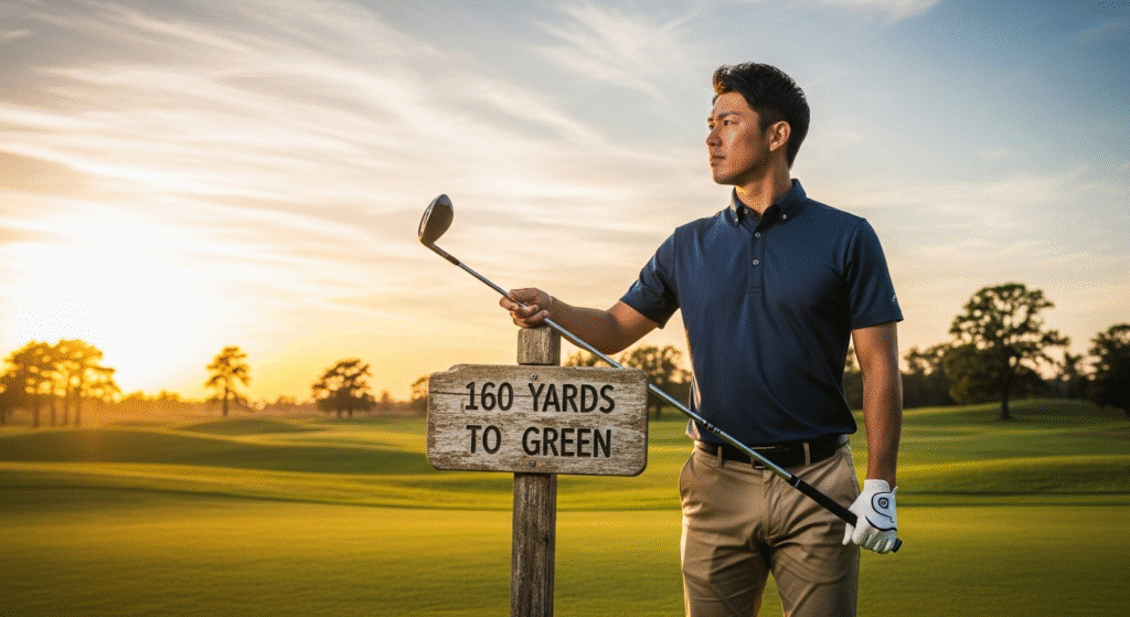 夕焼け空を背景にしたゴルフコースで、ゴルフクラブを持った男性が「160 YARDS TO GREEN」と書かれた標識のそばに立っています。