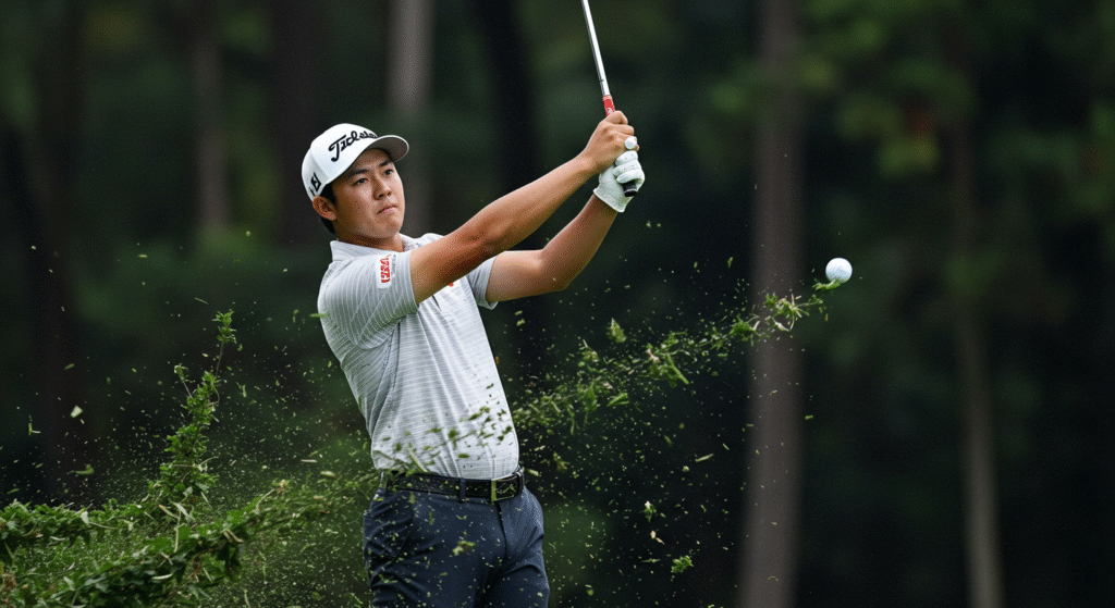 白い「Titleist」の帽子をかぶった男性ゴルファーがゴルフボールを打った直後、芝とボールが勢いよく空中に舞い上がっている。
