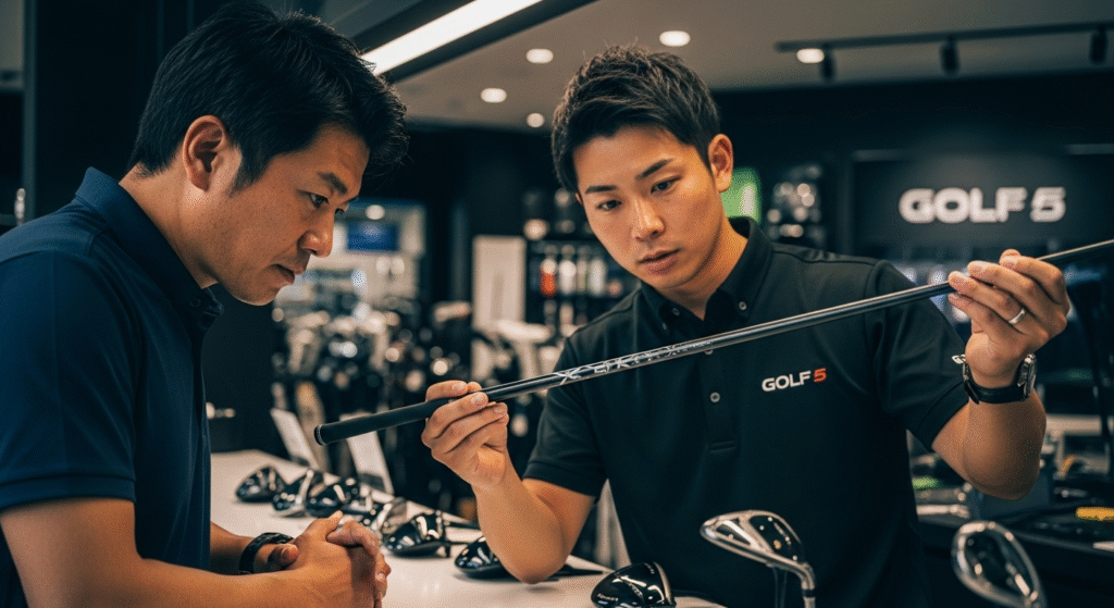 ゴルフ5の店員が、男性客にゴルフシャフトを説明している様子。