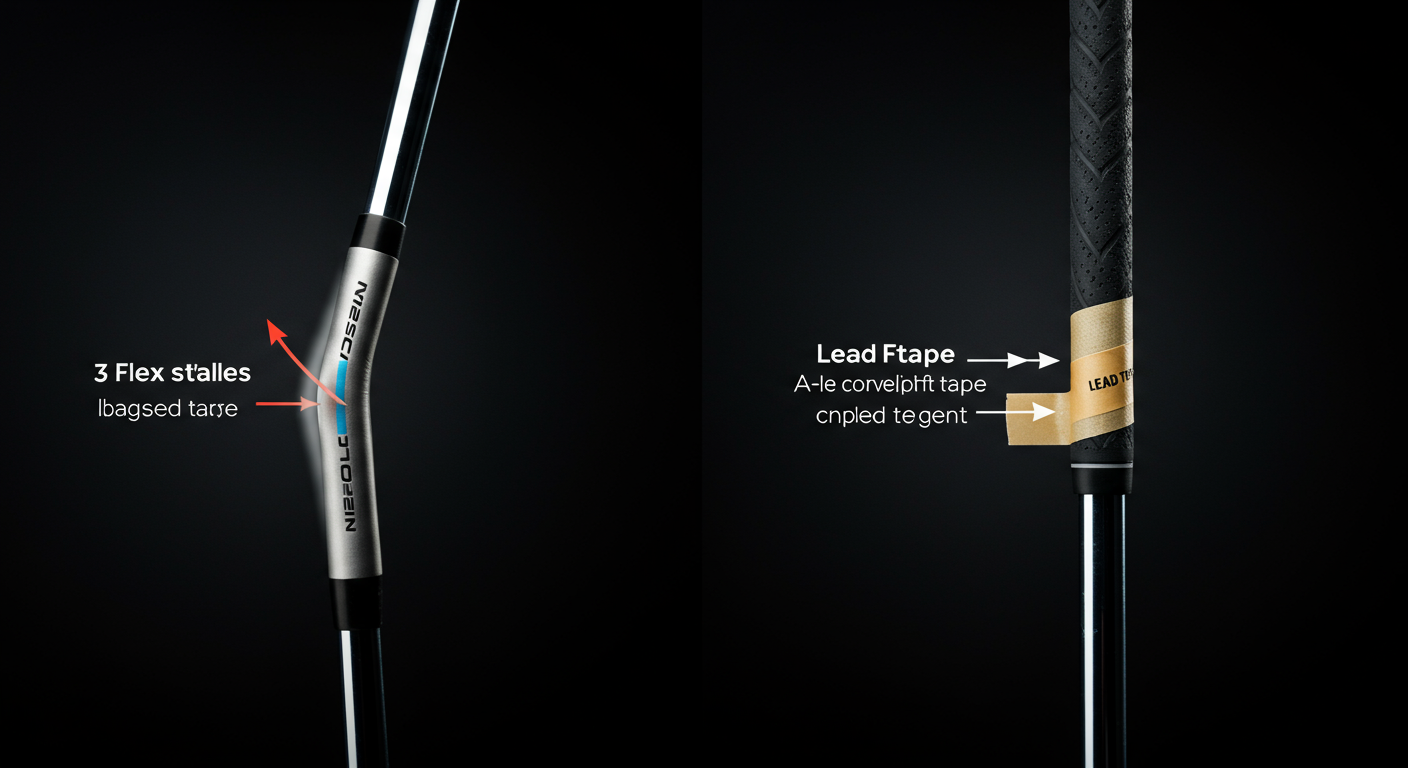 左側には「3 Flex st'alles」と表示されたしなるゴルフクラブのシャフトが、右側には「Lead Ftape」と表示された鉛テープが巻かれたゴルフクラブのグリップが描かれています。