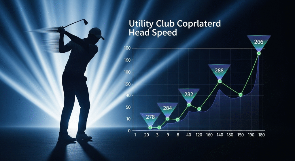 青白い光を背景にゴルフスイング中のゴルファーのシルエットと、「Utility Club Coprlaterd Head Speed」というタイトルの折れ線グラフが描かれた画像。