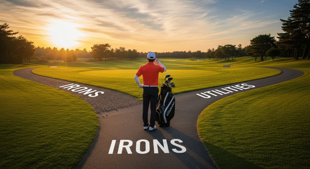 ゴルフコースで、ゴルファーが「IRONS」と「UTILITIES」と書かれた分かれ道に立っている。