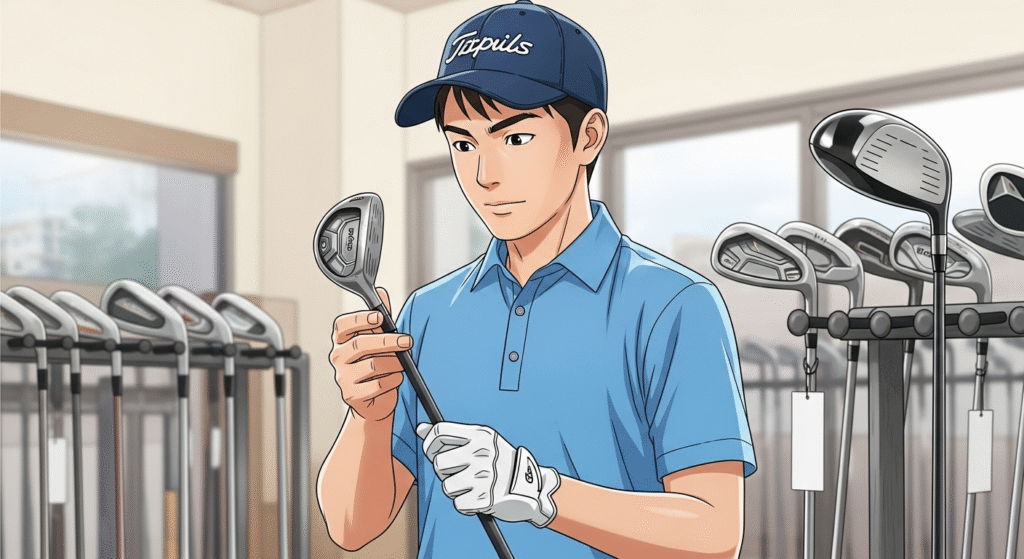 男性がゴルフショップで、手に持ったゴルフクラブをじっと見ている。