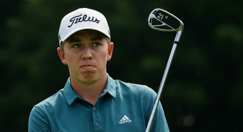 白いTitleistのキャップと緑色のAdidasのポロシャツを着て、21度と刻印されたゴルフクラブを持つ、不満げな表情の若い男性ゴルファーのクローズアップです。