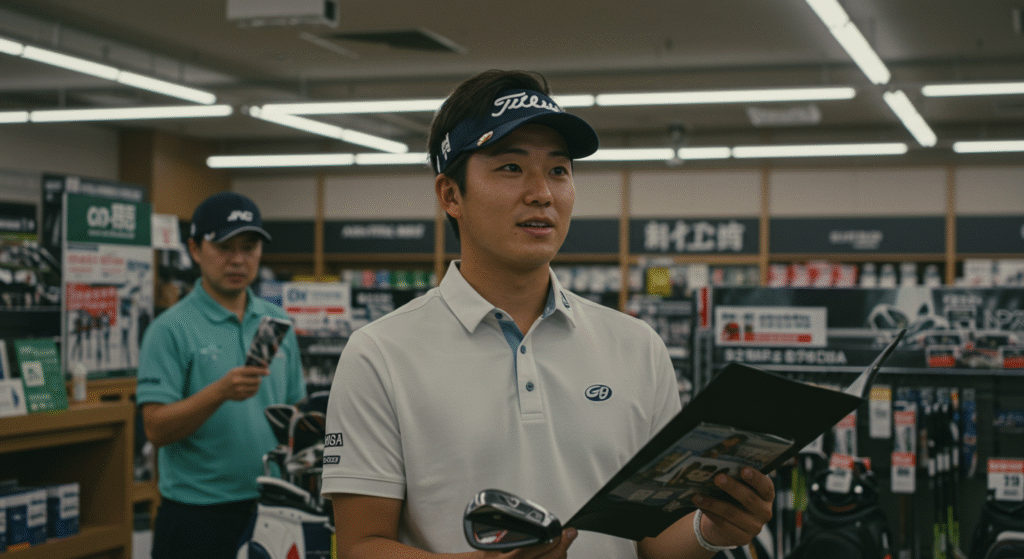 ゴルフ用品店で、ゴルフウェアの若い男性がゴルフクラブとパンフレットを手に持ち、奥には別の男性がいる。