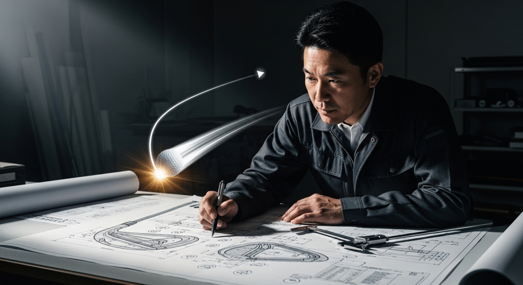 ゴルフクラブの設計図を熱心に描く男性の隣で、光るゴルフボールが放物線を描いて飛んでいく様子。