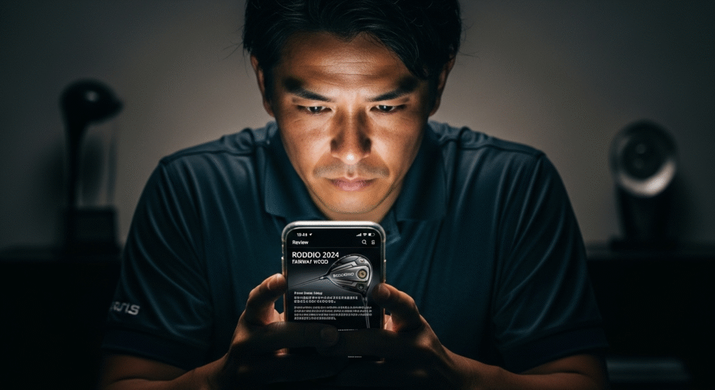 スマホの画面に照らされた男性が、RODDIO 2024 フェアウェイウッドの製品情報を見つめています。