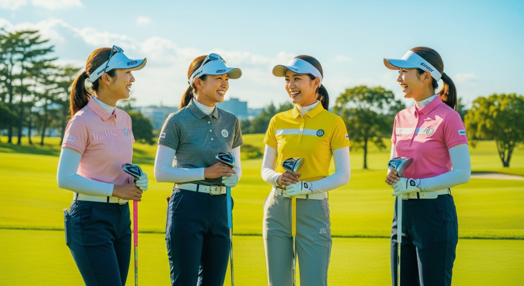 ゴルフウェア姿の4人の女性が、緑豊かなゴルフコースで笑顔で談笑している。