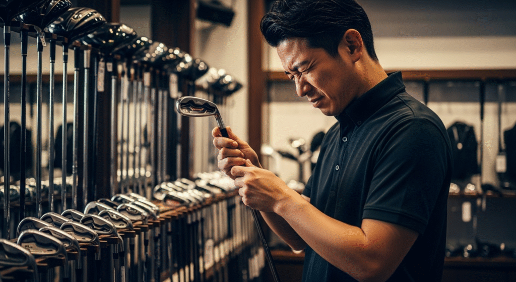 ゴルフ用品店で、一人の男性が真剣な表情でゴルフクラブを吟味している。