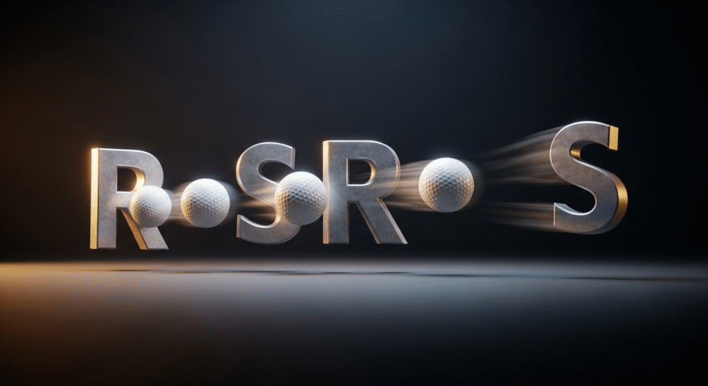 暗い背景に、メタリックな「RSRS」の文字と、その間を高速で飛ぶ複数のゴルフボールが描かれた画像。