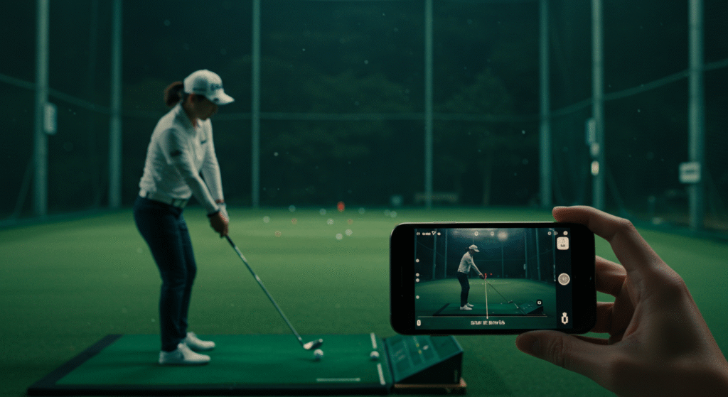 女性ゴルファーが練習場でスイングしている様子が、手前に映るスマートフォン画面に表示されています。