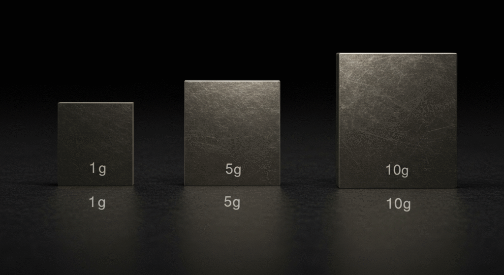暗い背景に、左から1g、5g、10gと刻印された、重さに応じて大きさが異なる3つの金属製分銅が並べられています。