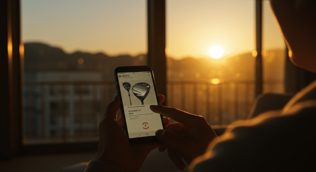 夕日が差し込む窓際で、人物がスマートフォンでゴルフクラブの商品ページを閲覧している様子。