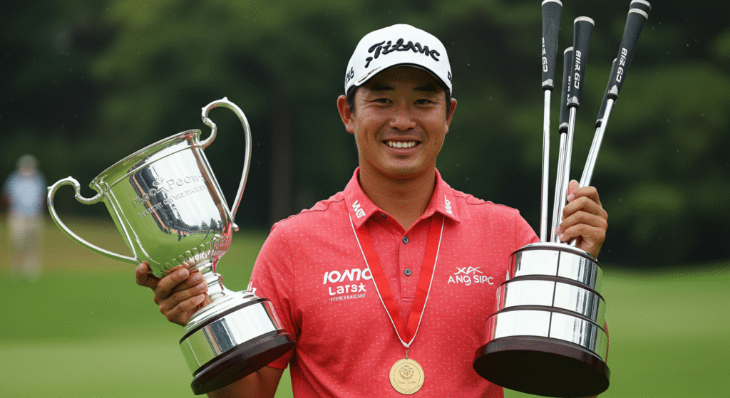 笑顔のアジア人男性ゴルファーが、大きな銀色の優勝カップとゴルフクラブが立てられたトロフィーの2つをゴルフコースで誇らしげに掲げています。