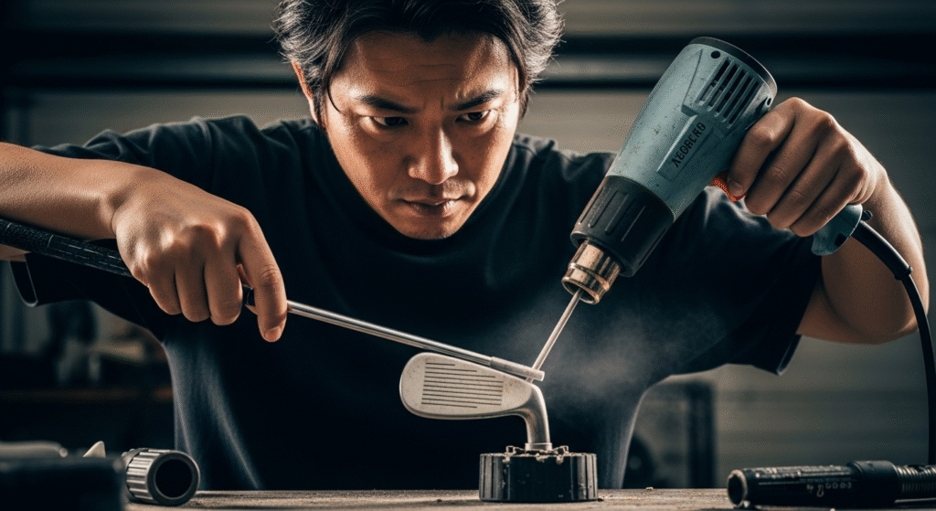 真剣な表情の男性が、ヒートガンを使ってゴルフクラブの調整作業をしている。