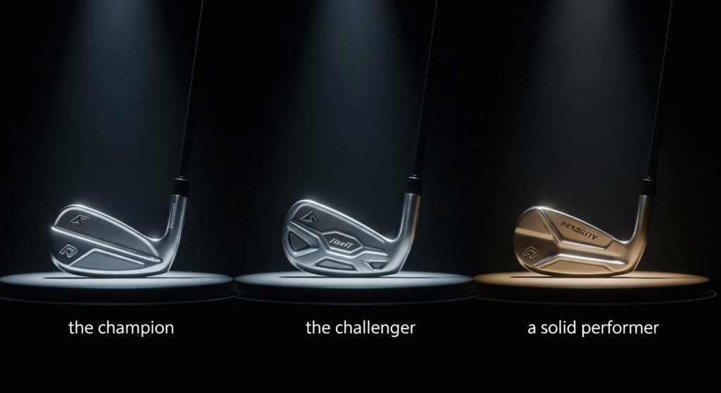 暗い背景にスポットライトを浴びて並ぶ3本のゴルフアイアンクラブは、左から「the champion」「the challenger」「a solid performer」と示されています。
