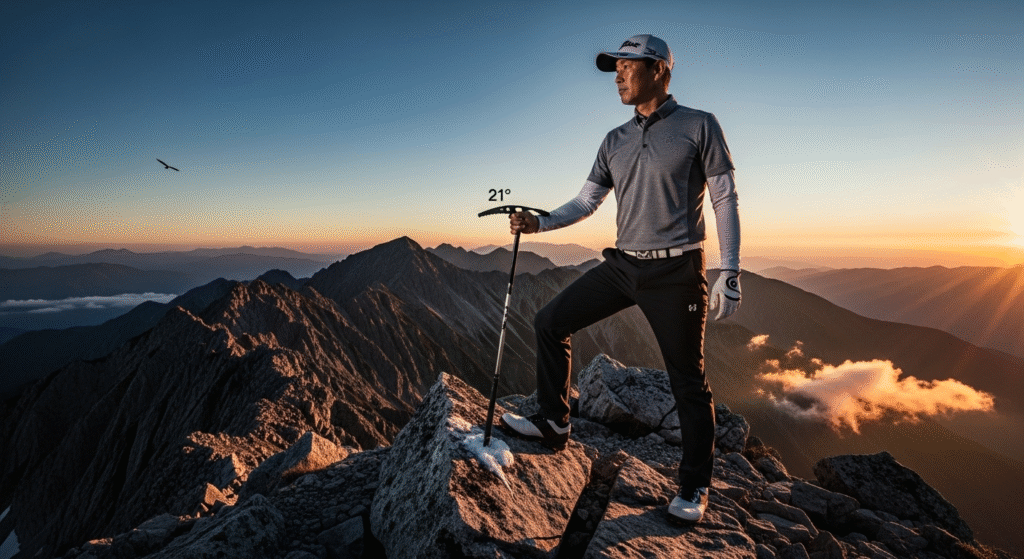 ゴルフウェアを着た男性が、ピッケルのようなゴルフクラブを手に、夕焼けに染まる広大な山頂に立っている。