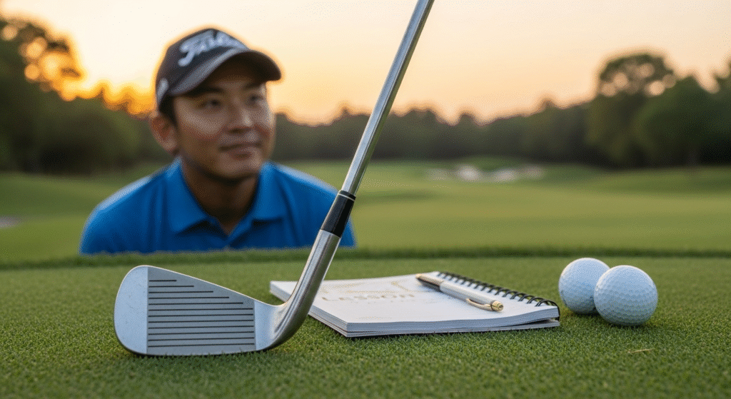 ゴルフコースのグリーンにゴルフクラブ、ノート、ペン、ゴルフボール2個が置かれ、背景にはTitleistのキャップをかぶった男性が穏やかな表情でぼやけて写っています。