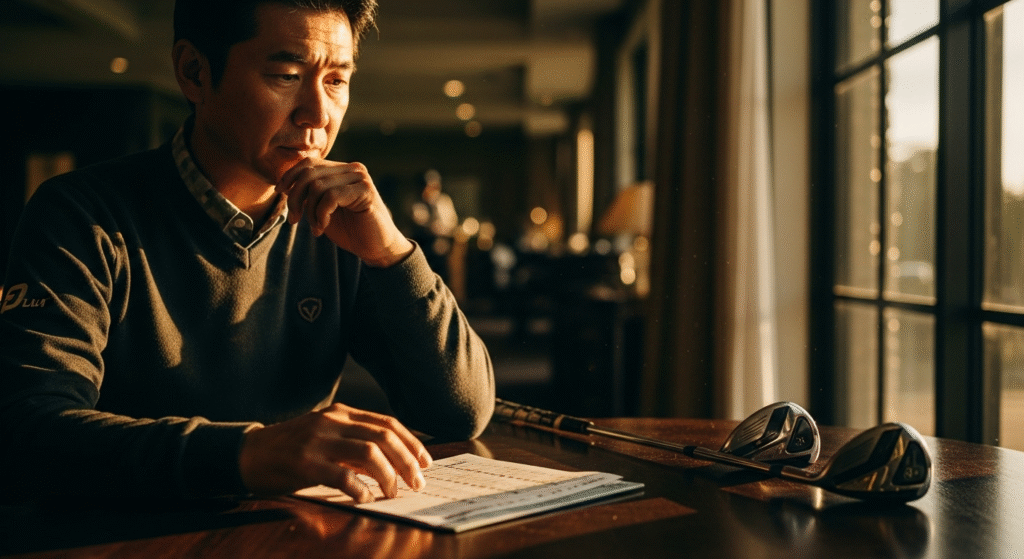夕日が差し込む室内で、書類とゴルフクラブが置かれたテーブルに座り、思案するように下を見つめるアジア人男性。